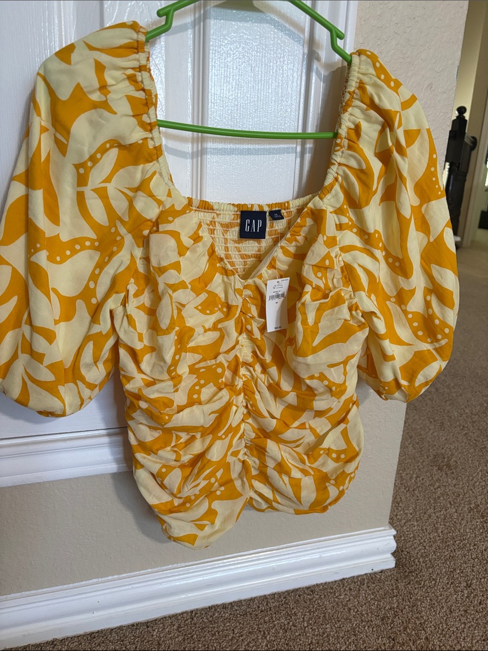 GAP Yellow Cream Floral Puff-Sleeve Ruched Top